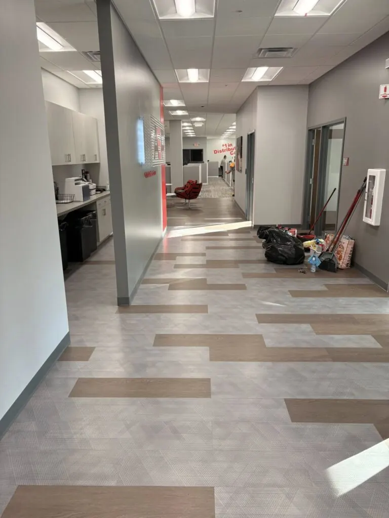 Clean and Dusted commercial cleaning team servicing a Hebron warehouse breakroom