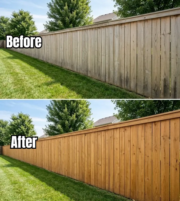 Before and after Clean and Dusted wood fence pressure washing in NKY