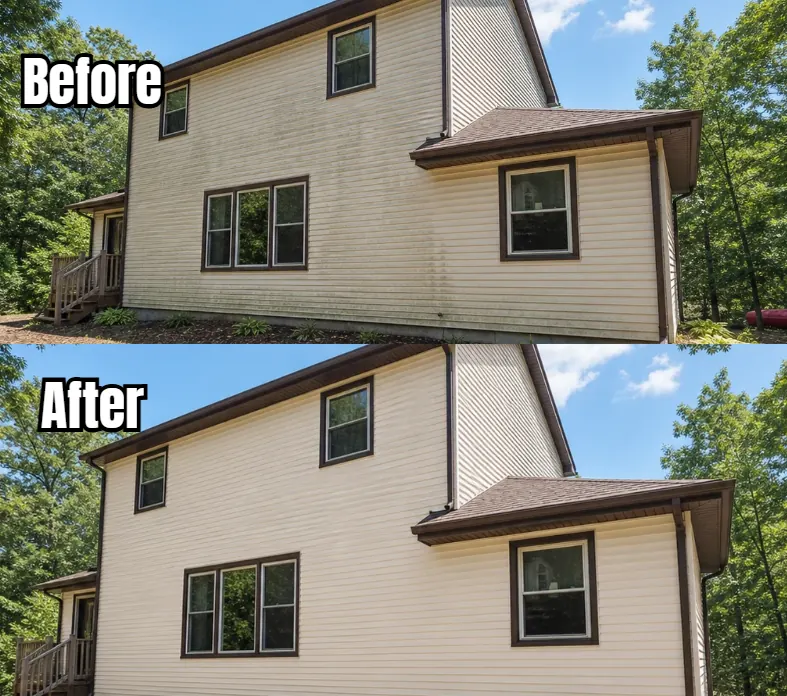 Before and after Clean and Dusted soft-wash siding cleaning on a Cincinnati home